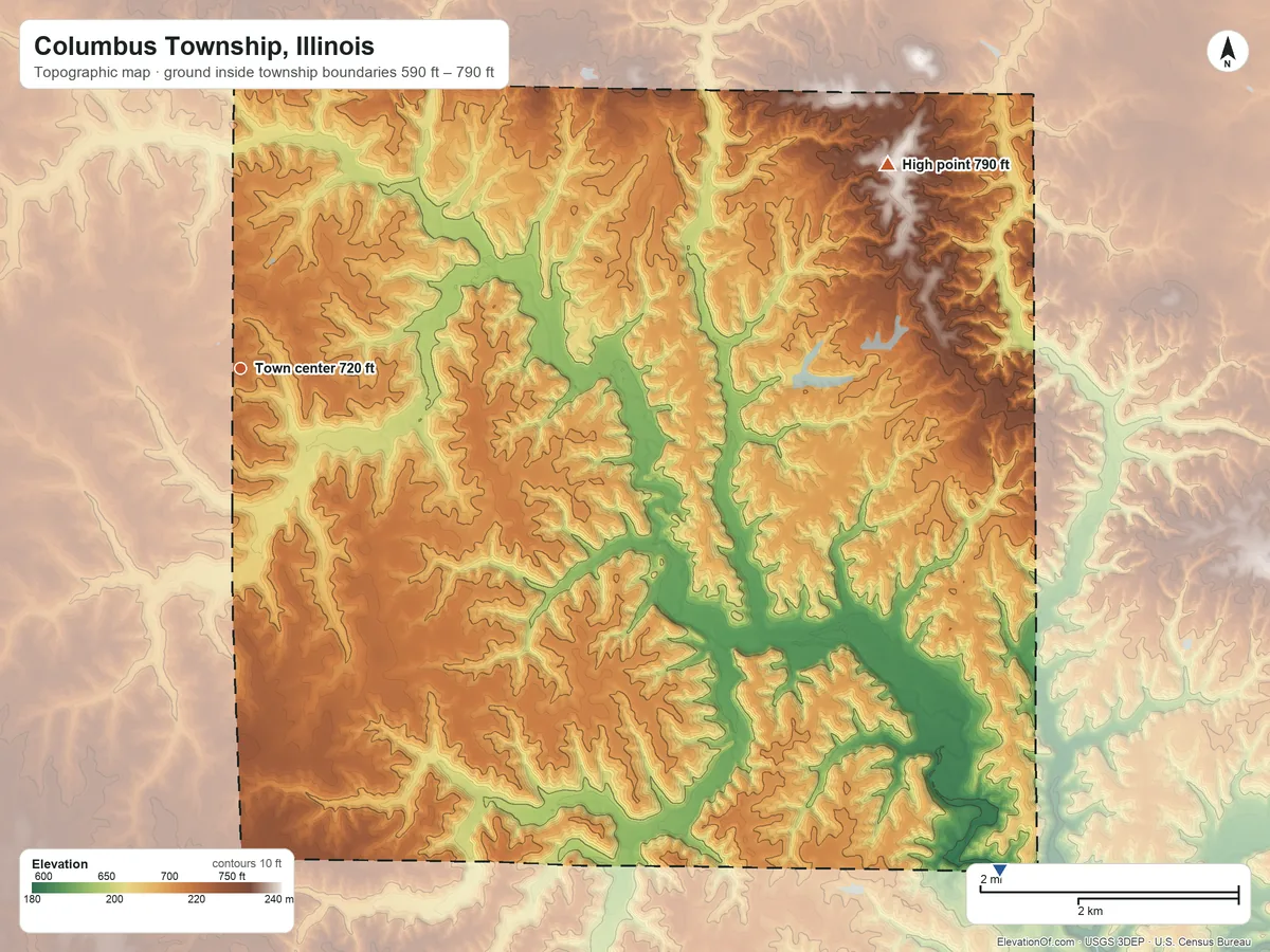 Topographic elevation map of Columbus Township, Illinois, shaded from 590 ft on the southeast side to 790 ft on the east side