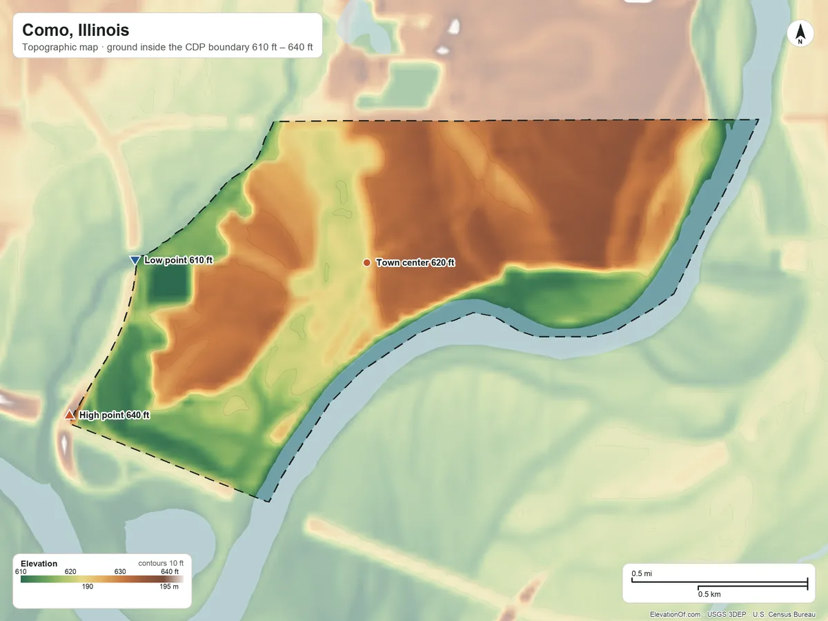 Topographic elevation map of Como, Illinois, shaded from 610 ft on the west side to 640 ft on the southwest side
