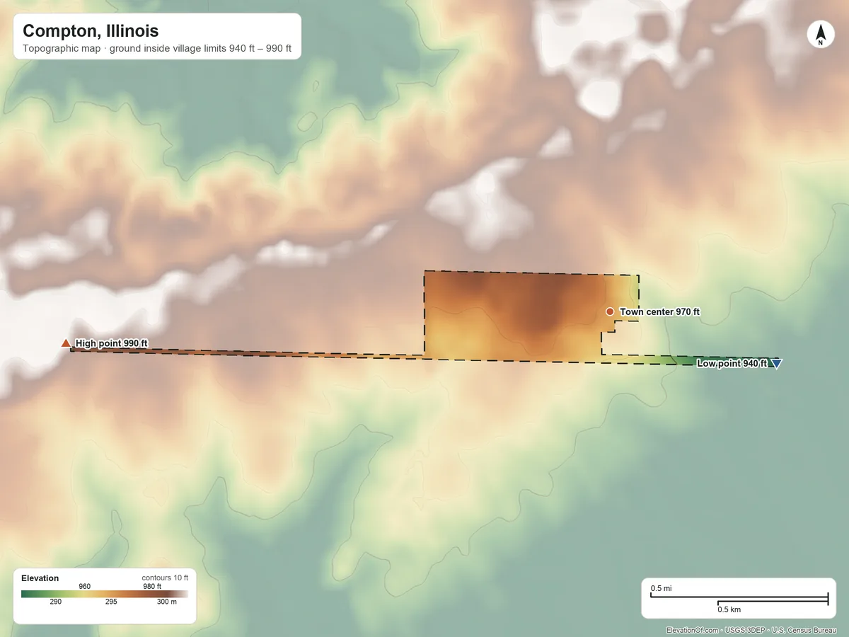 Topographic elevation map of Compton, Illinois, shaded from 940 ft on the east side to 990 ft on the west side
