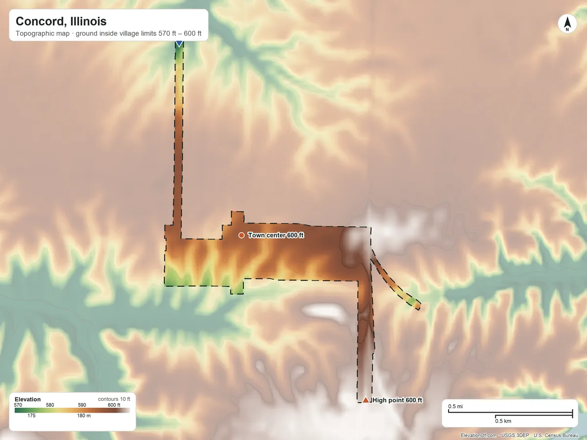 Topographic elevation map of Concord, Illinois, shaded from 570 ft on the north side to 600 ft on the southeast side