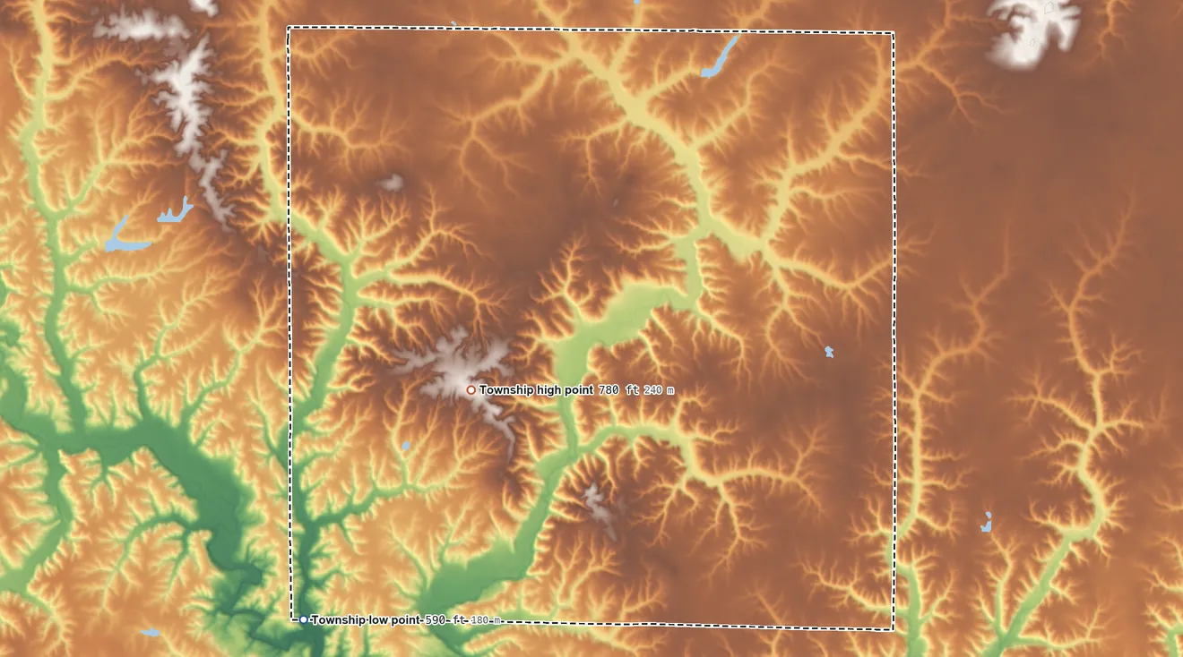 Topographic elevation map of Concord Township, Adams County, Illinois, shaded from 590 ft on the southwest side to 780 ft on the west side