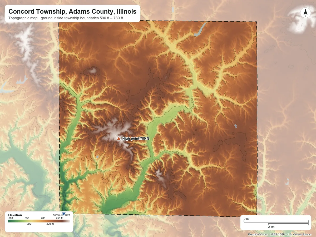 Topographic elevation map of Concord Township, Adams County, Illinois, shaded from 590 ft on the southwest side to 780 ft on the west side