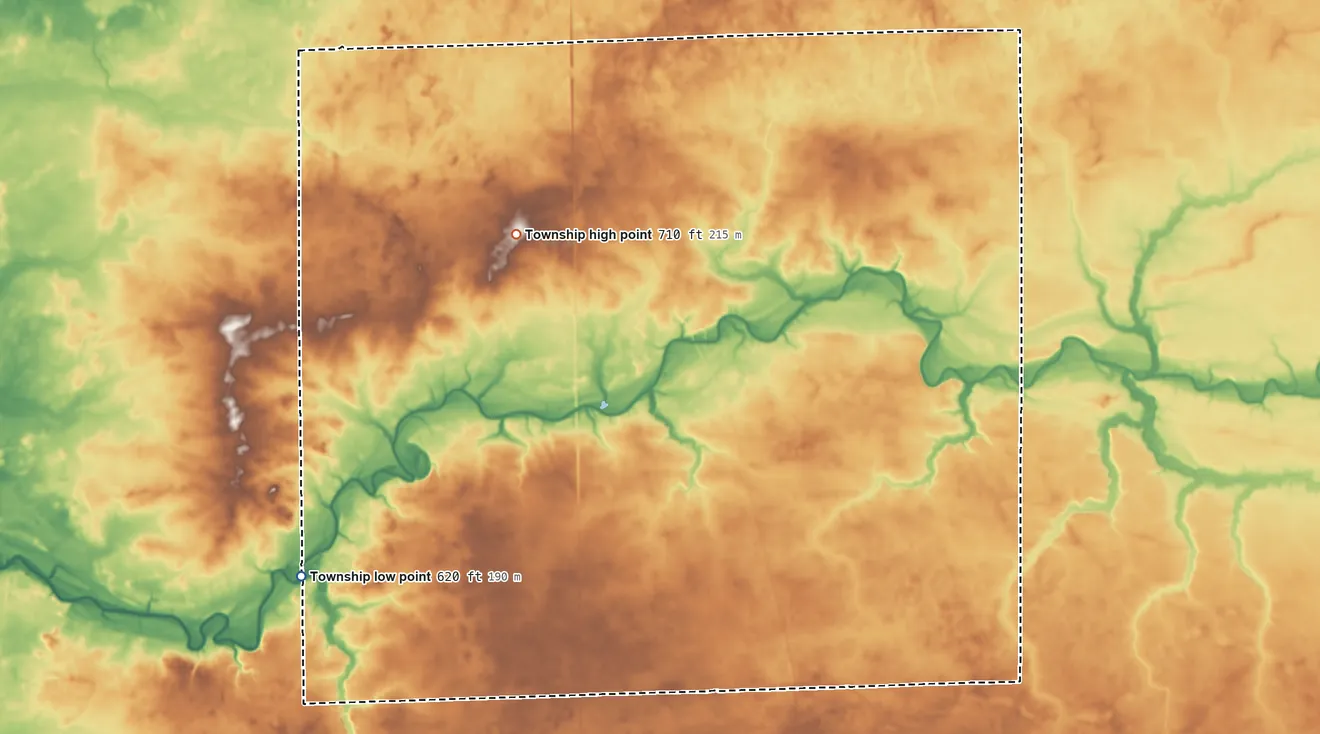 Topographic elevation map of Concord Township, Iroquois County, Illinois, shaded from 620 ft on the southwest side to 710 ft on the northwest side
