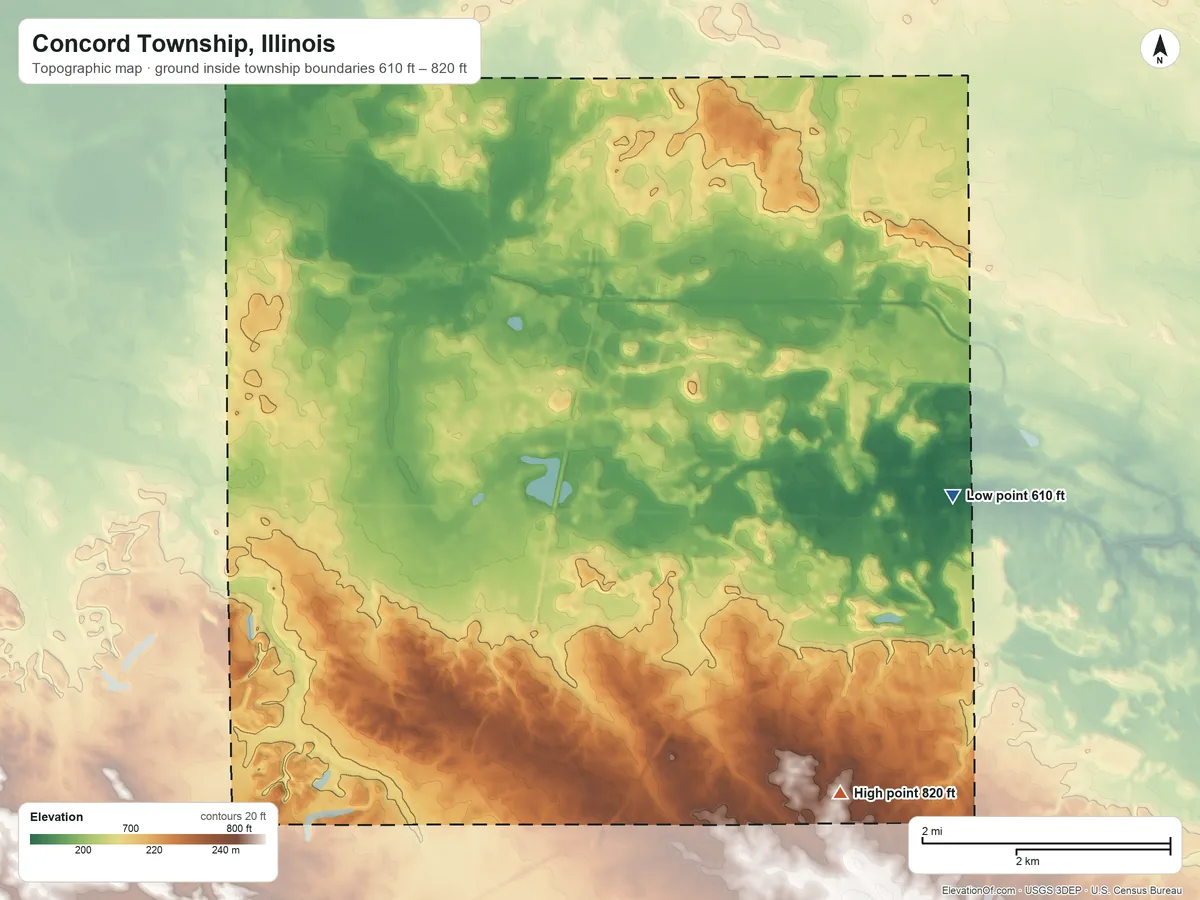 Topographic elevation map of Concord Township, Illinois, shaded from 610 ft on the east side to 820 ft on the southeast side