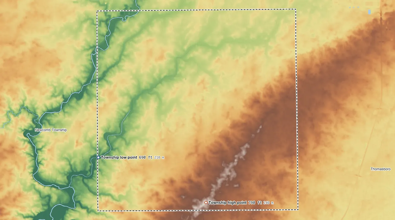Topographic elevation map of Condit Township, Illinois, shaded from 690 ft on the southwest side to 790 ft on the southeast side