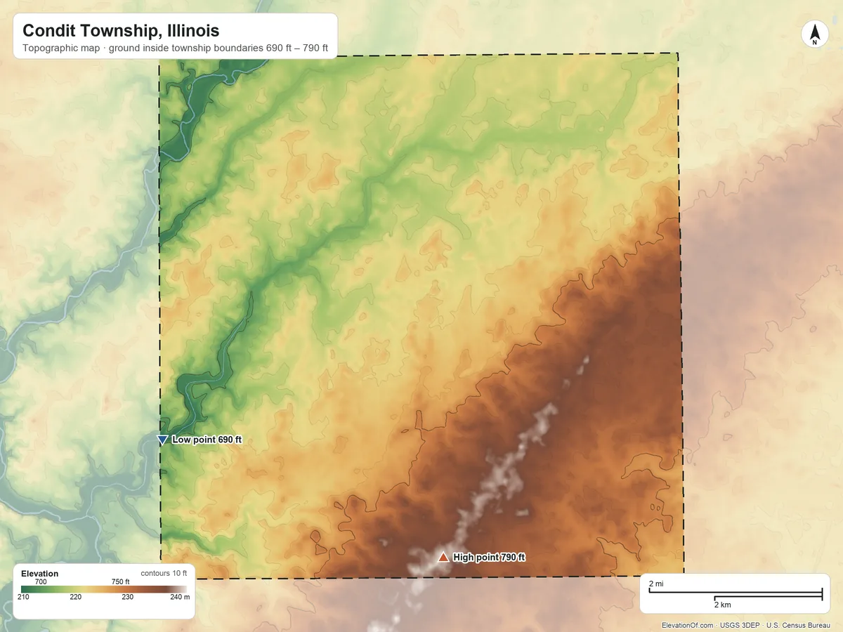 Topographic elevation map of Condit Township, Illinois, shaded from 690 ft on the southwest side to 790 ft on the southeast side