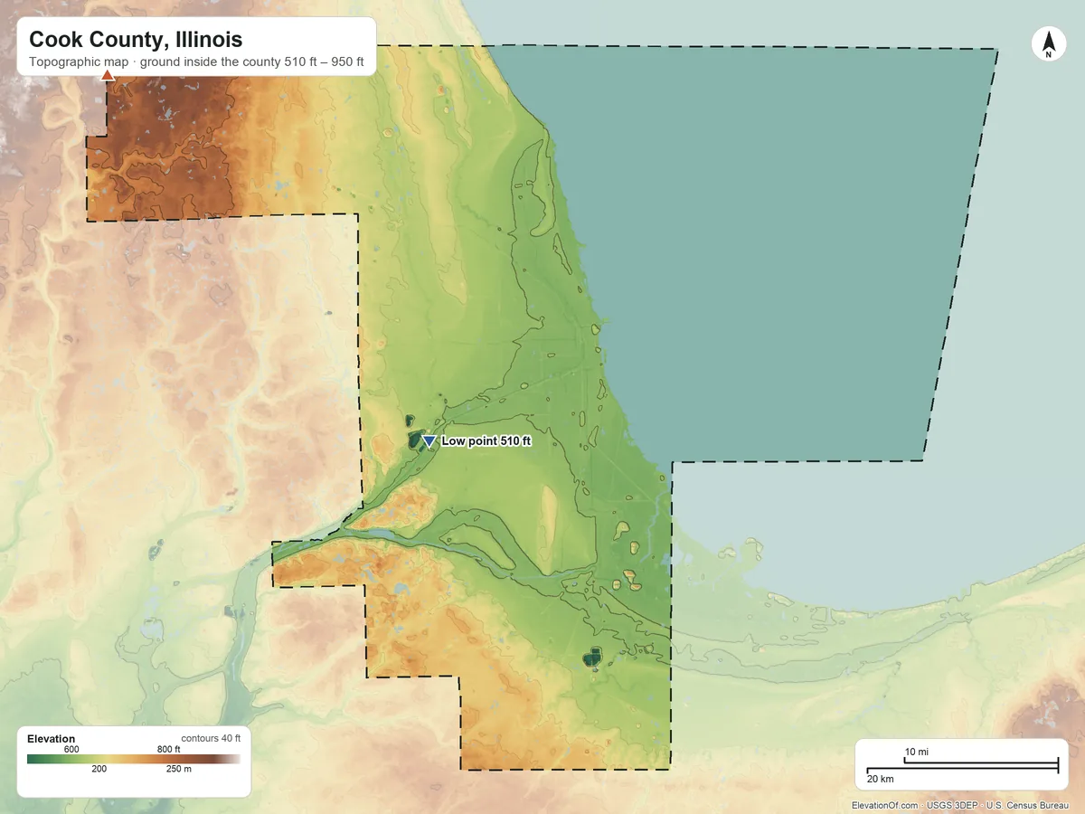 Topographic elevation map of Cook County, Illinois, shaded from 510 ft on the west side to 950 ft on the northwest side