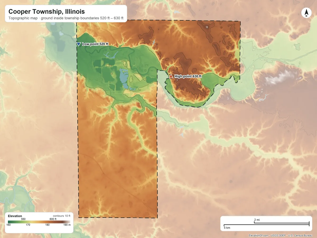 Topographic elevation map of Cooper Township, Illinois, shaded from 520 ft on the northwest side to 630 ft on the northeast side