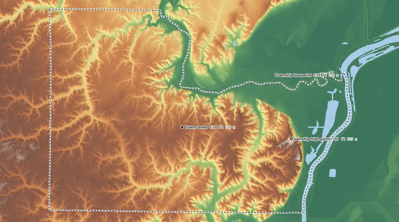 Topographic elevation map of Cooperstown Township, Illinois, shaded from 430 ft on the east side to 700 ft on the east side
