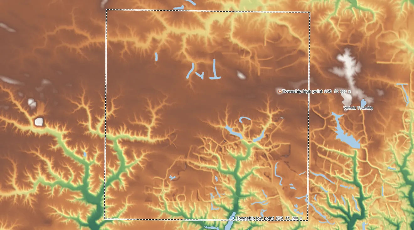 Topographic elevation map of Copley Township, Illinois, shaded from 650 ft on the south side to 850 ft on the northeast side