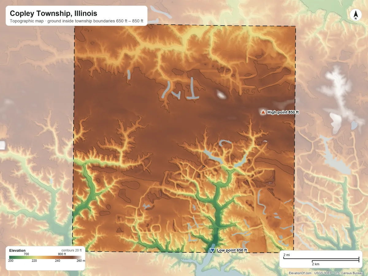 Topographic elevation map of Copley Township, Illinois, shaded from 650 ft on the south side to 850 ft on the northeast side