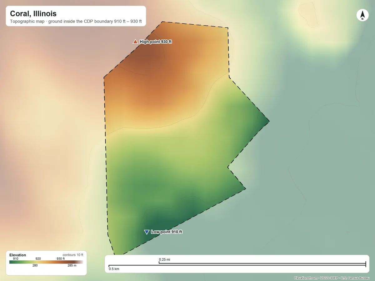 Topographic elevation map of Coral, Illinois, shaded from 910 ft on the south side to 930 ft on the northwest side