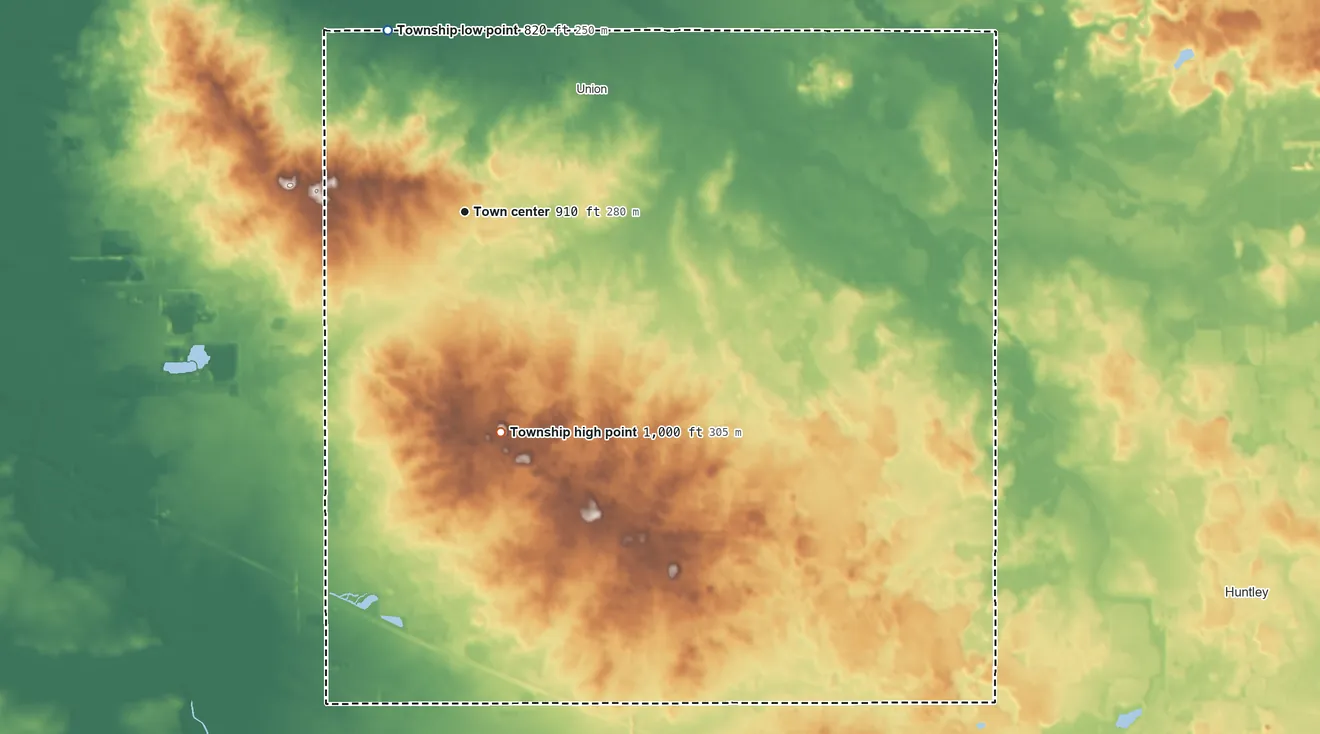 Topographic elevation map of Coral Township, Illinois, shaded from 820 ft on the northwest side to 1,000 ft on the south side