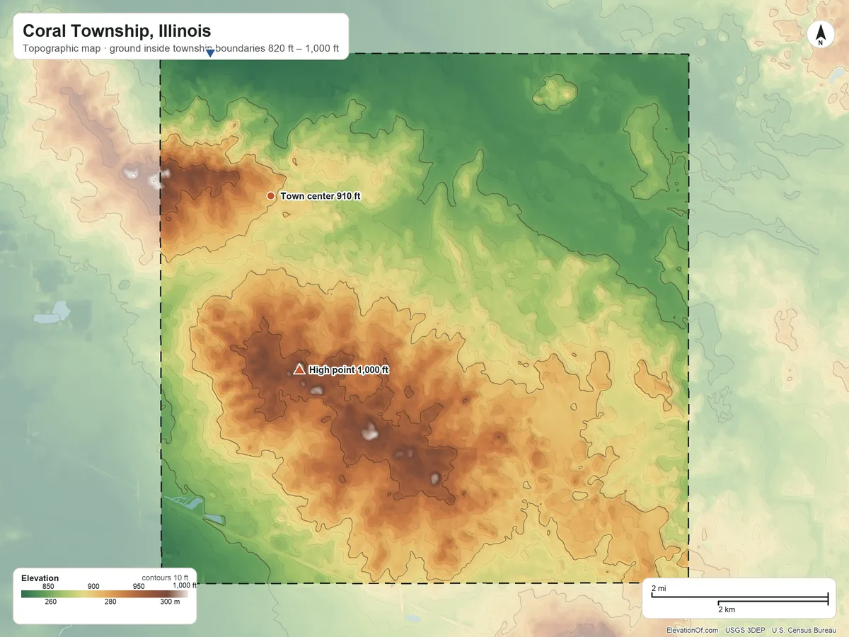Topographic elevation map of Coral Township, Illinois, shaded from 820 ft on the northwest side to 1,000 ft on the south side