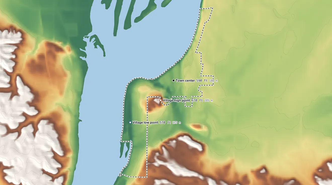 Topographic elevation map of Cordova, Illinois, shaded from 570 ft on the southwest side to 670 ft on the southwest side