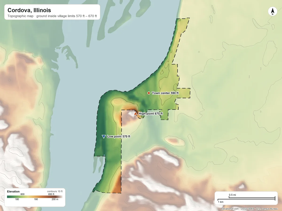 Topographic elevation map of Cordova, Illinois, shaded from 570 ft on the southwest side to 670 ft on the southwest side