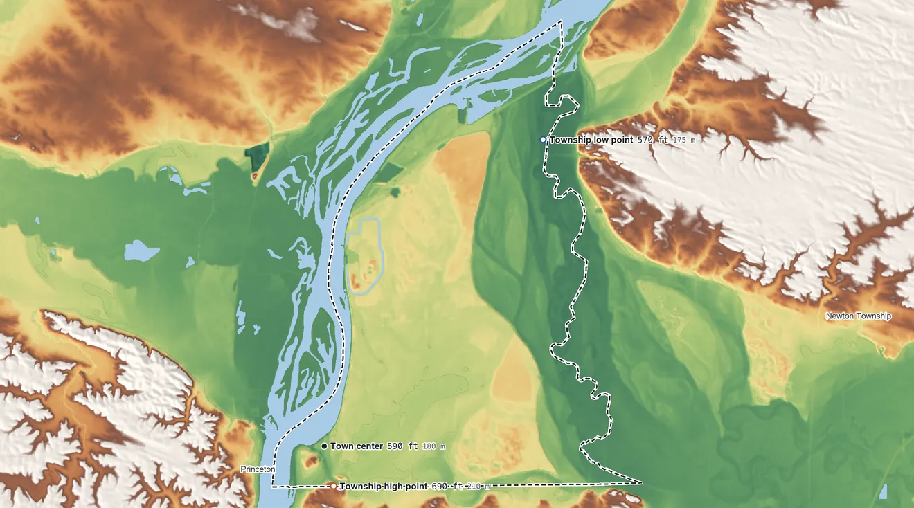 Topographic elevation map of Cordova Township, Illinois, shaded from 570 ft on the northeast side to 690 ft near the middle