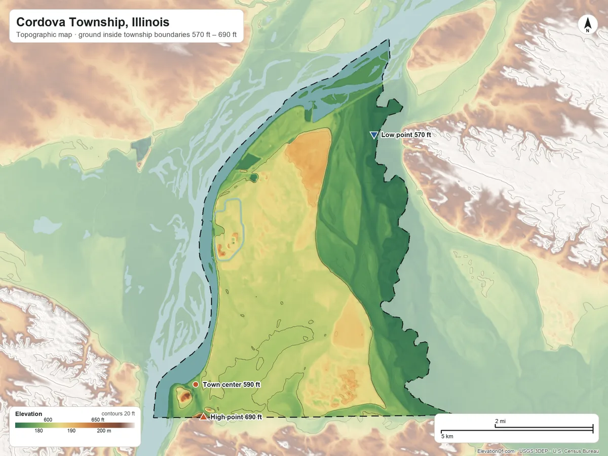 Topographic elevation map of Cordova Township, Illinois, shaded from 570 ft on the northeast side to 690 ft near the middle
