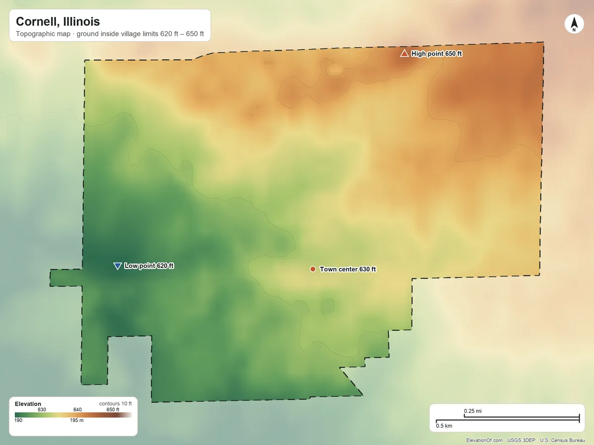 Topographic elevation map of Cornell, Illinois, shaded from 620 ft on the west side to 650 ft on the northeast side