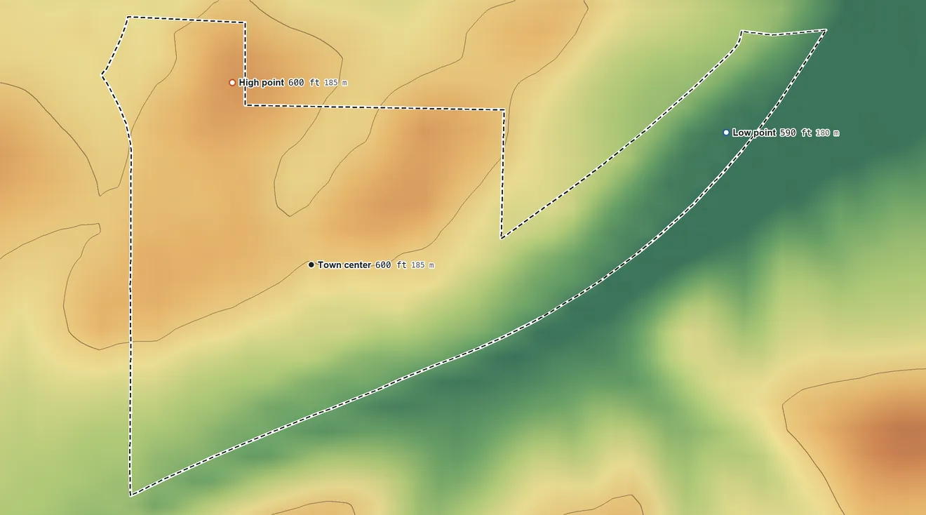 Topographic elevation map of Cornland, Illinois, shaded from 590 ft on the east side to 600 ft on the northwest side