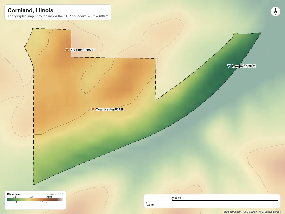 Topographic elevation map of Cornland, Illinois, shaded from 590 ft on the east side to 600 ft on the northwest side
