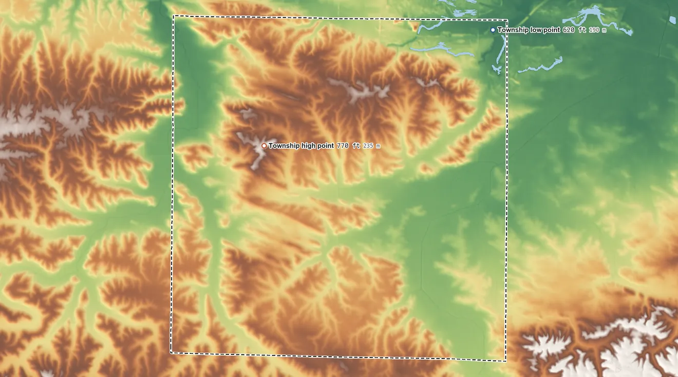 Topographic elevation map of Cornwall Township, Illinois, shaded from 620 ft on the northeast side to 770 ft on the northwest side