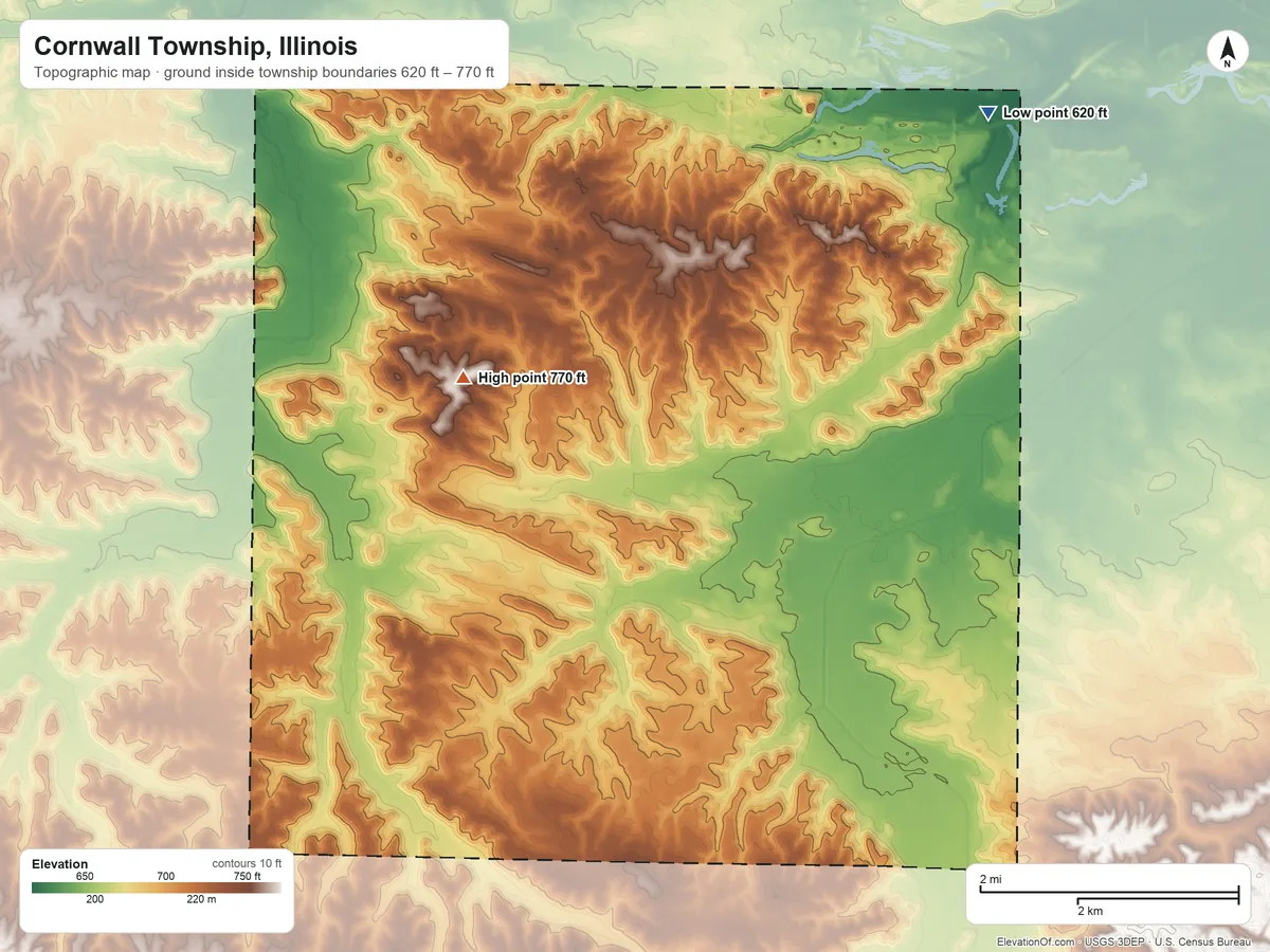 Topographic elevation map of Cornwall Township, Illinois, shaded from 620 ft on the northeast side to 770 ft on the northwest side