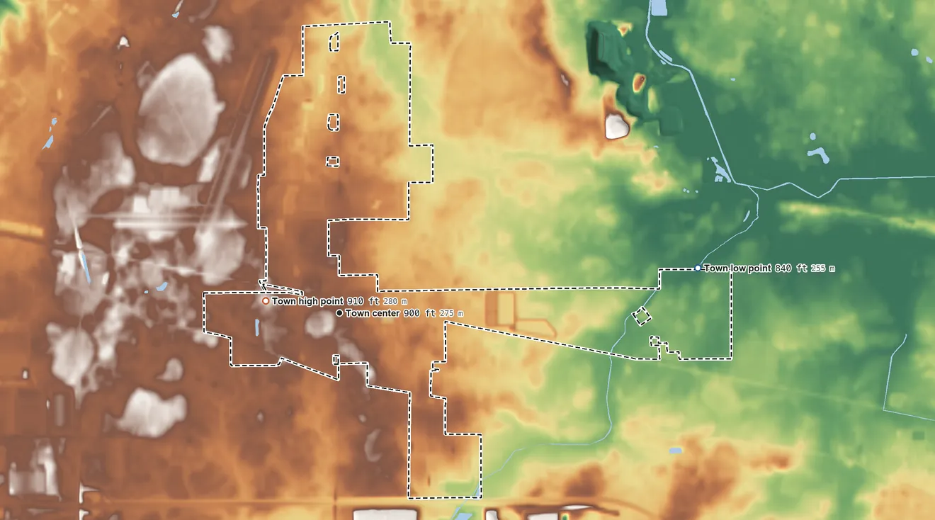 Topographic elevation map of Cortland, Illinois, shaded from 840 ft on the east side to 910 ft on the west side