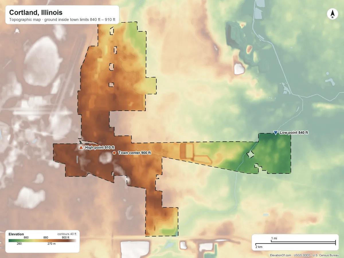 Topographic elevation map of Cortland, Illinois, shaded from 840 ft on the east side to 910 ft on the west side