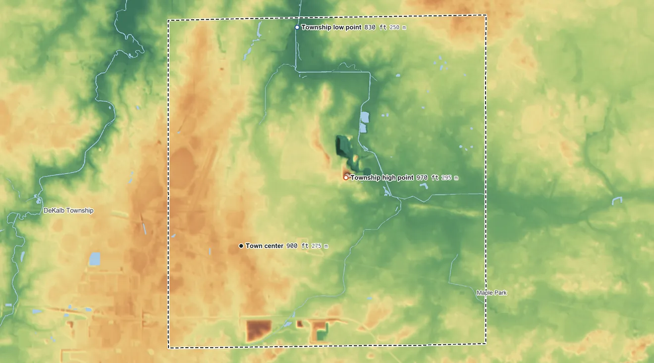 Topographic elevation map of Cortland Township, Illinois, shaded from 830 ft on the north side to 970 ft on the northeast side