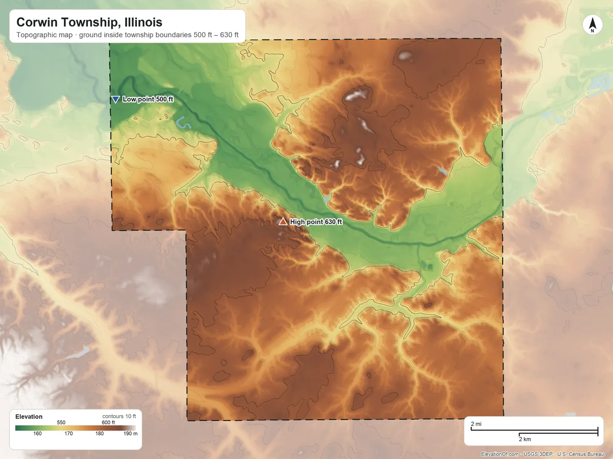 Topographic elevation map of Corwin Township, Illinois, shaded from 500 ft on the northwest side to 630 ft on the northeast side
