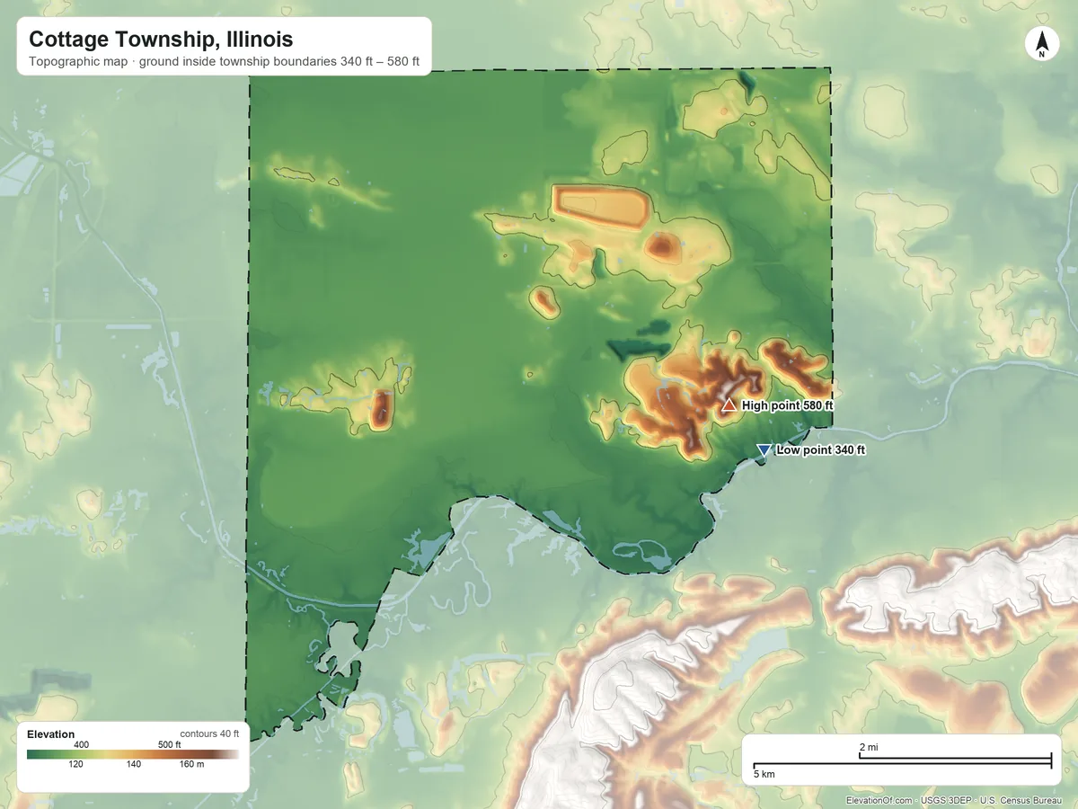 Topographic elevation map of Cottage Township, Illinois, shaded from 340 ft on the southeast side to 580 ft on the east side