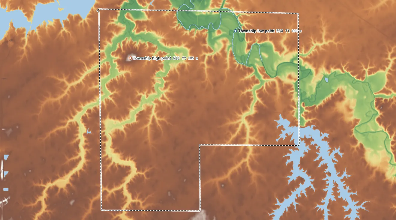Topographic elevation map of Cotton Hill Township, Illinois, shaded from 530 ft on the northeast side to 610 ft on Cotton Hill