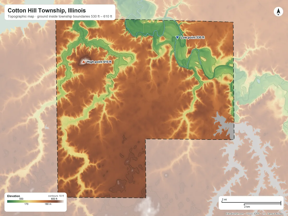 Topographic elevation map of Cotton Hill Township, Illinois, shaded from 530 ft on the northeast side to 610 ft on Cotton Hill