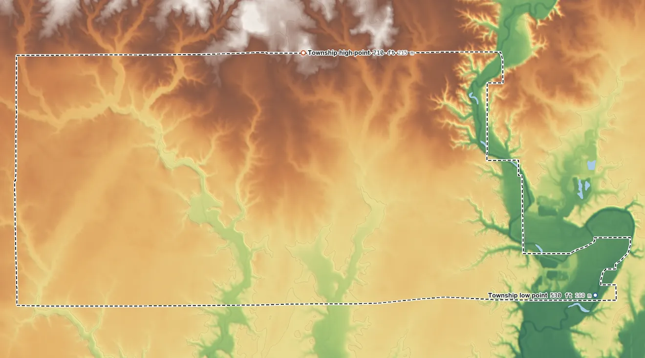 Topographic elevation map of Cottonwood Township, Illinois, shaded from 530 ft on the east side to 710 ft on the northeast side