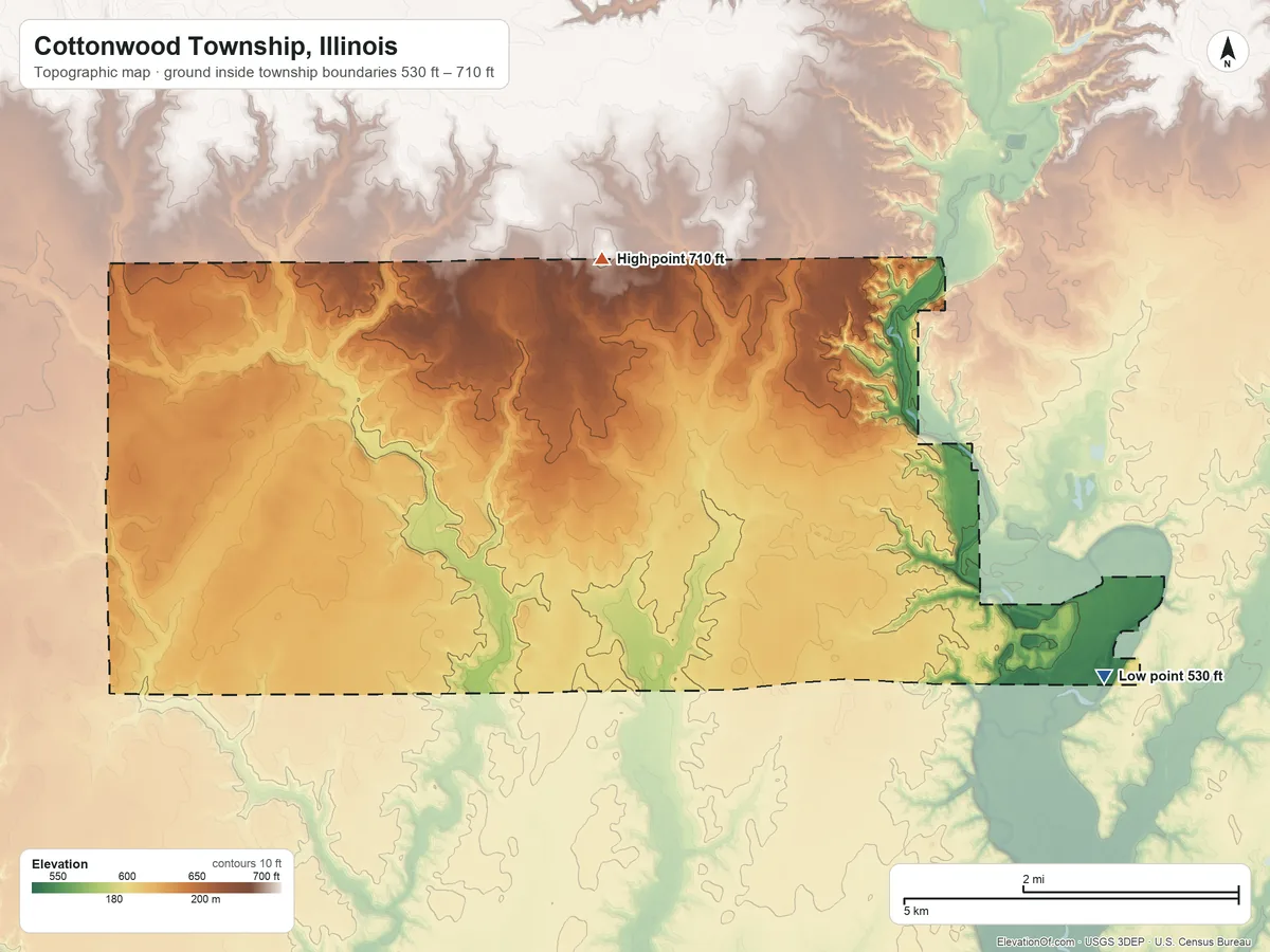 Topographic elevation map of Cottonwood Township, Illinois, shaded from 530 ft on the east side to 710 ft on the northeast side
