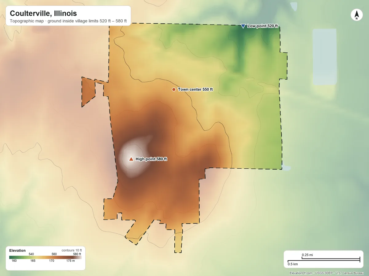 Topographic elevation map of Coulterville, Illinois, shaded from 520 ft on the northeast side to 580 ft on the southwest side