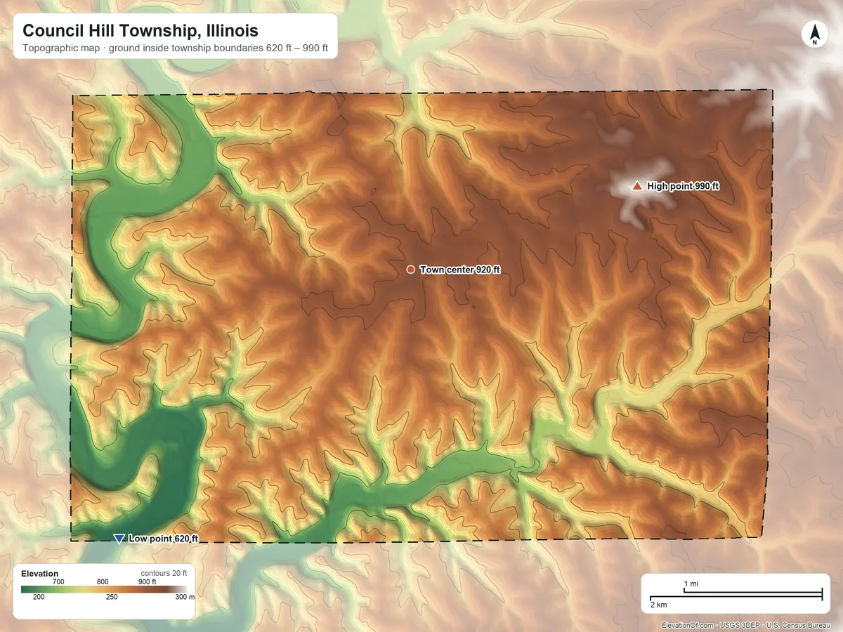 Topographic elevation map of Council Hill Township, Illinois, shaded from 620 ft on the southwest side to 990 ft on the east side