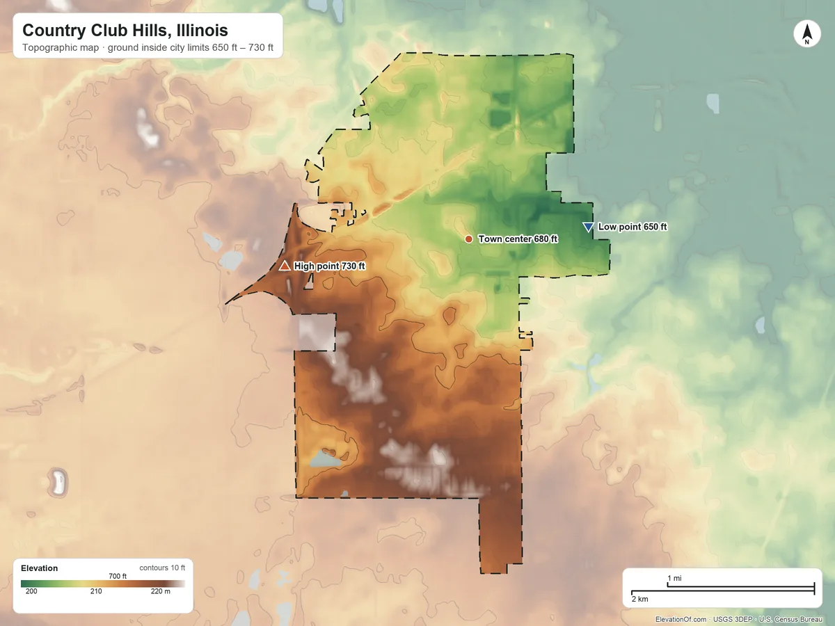 Topographic elevation map of Country Club Hills, Illinois, shaded from 650 ft on the east side to 730 ft on the west side
