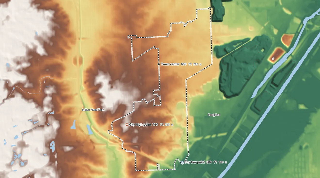 Topographic elevation map of Countryside, Illinois, shaded from 600 ft on the south side to 710 ft on the southwest side