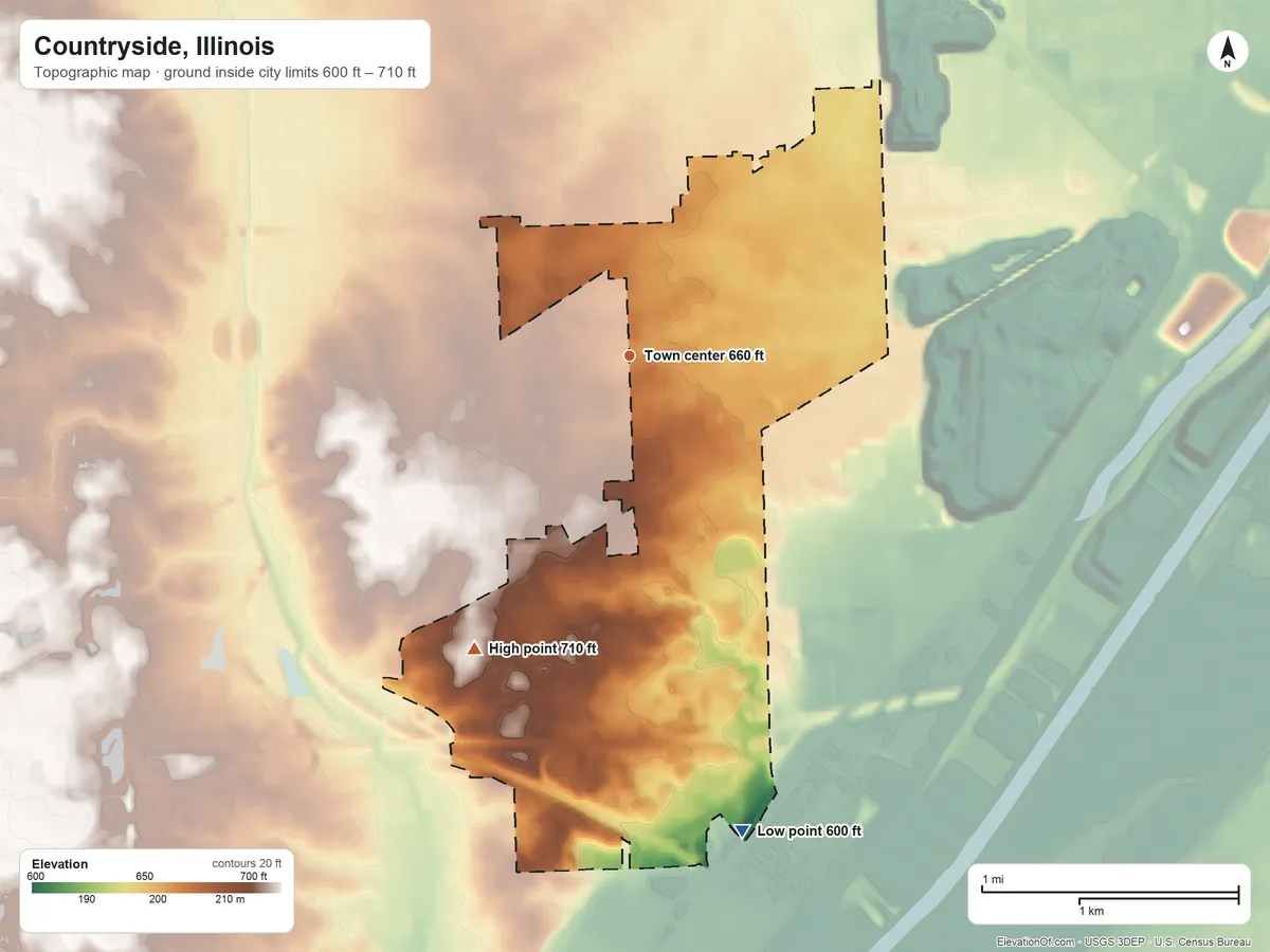 Topographic elevation map of Countryside, Illinois, shaded from 600 ft on the south side to 710 ft on the southwest side