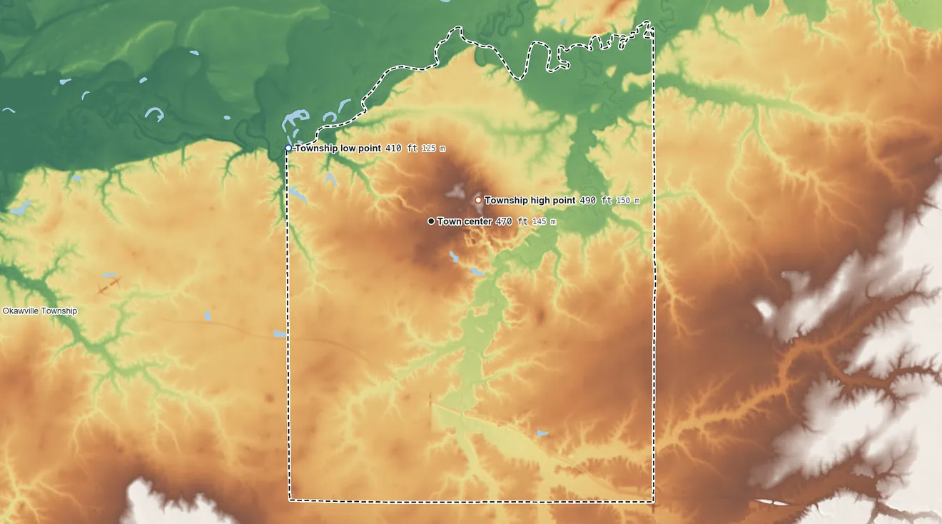 Topographic elevation map of Covington Township, Illinois, shaded from 410 ft on the northwest side to 490 ft near the middle