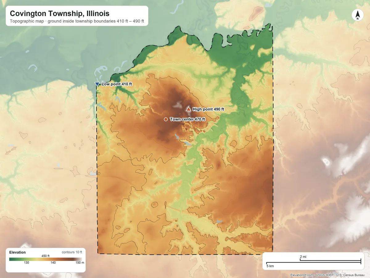 Topographic elevation map of Covington Township, Illinois, shaded from 410 ft on the northwest side to 490 ft near the middle