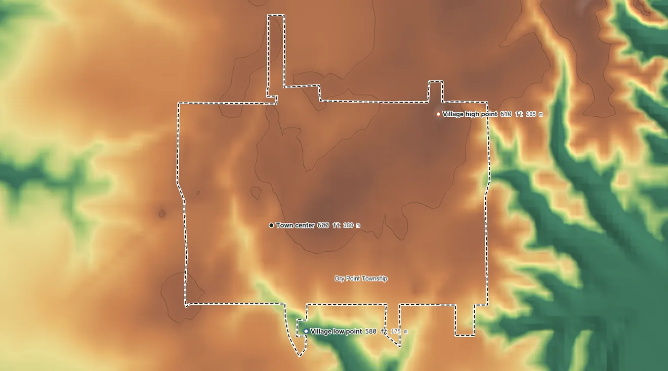 Topographic elevation map of Cowden, Illinois, shaded from 580 ft on the south side to 610 ft on the northeast side