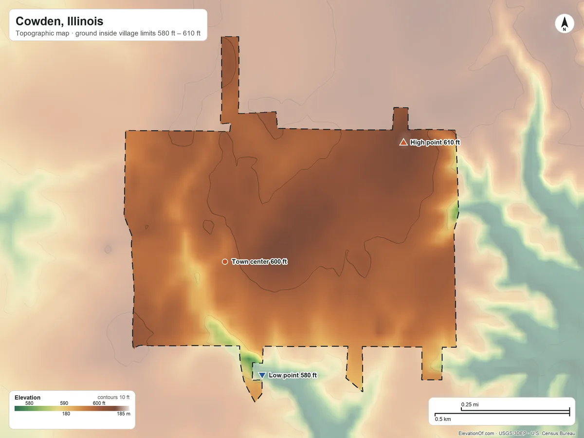 Topographic elevation map of Cowden, Illinois, shaded from 580 ft on the south side to 610 ft on the northeast side