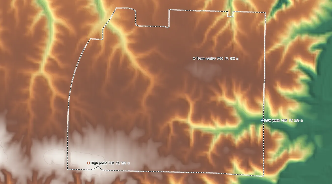 Topographic elevation map of Coyne Center, Illinois, shaded from 650 ft on the southeast side to 760 ft on the southwest side