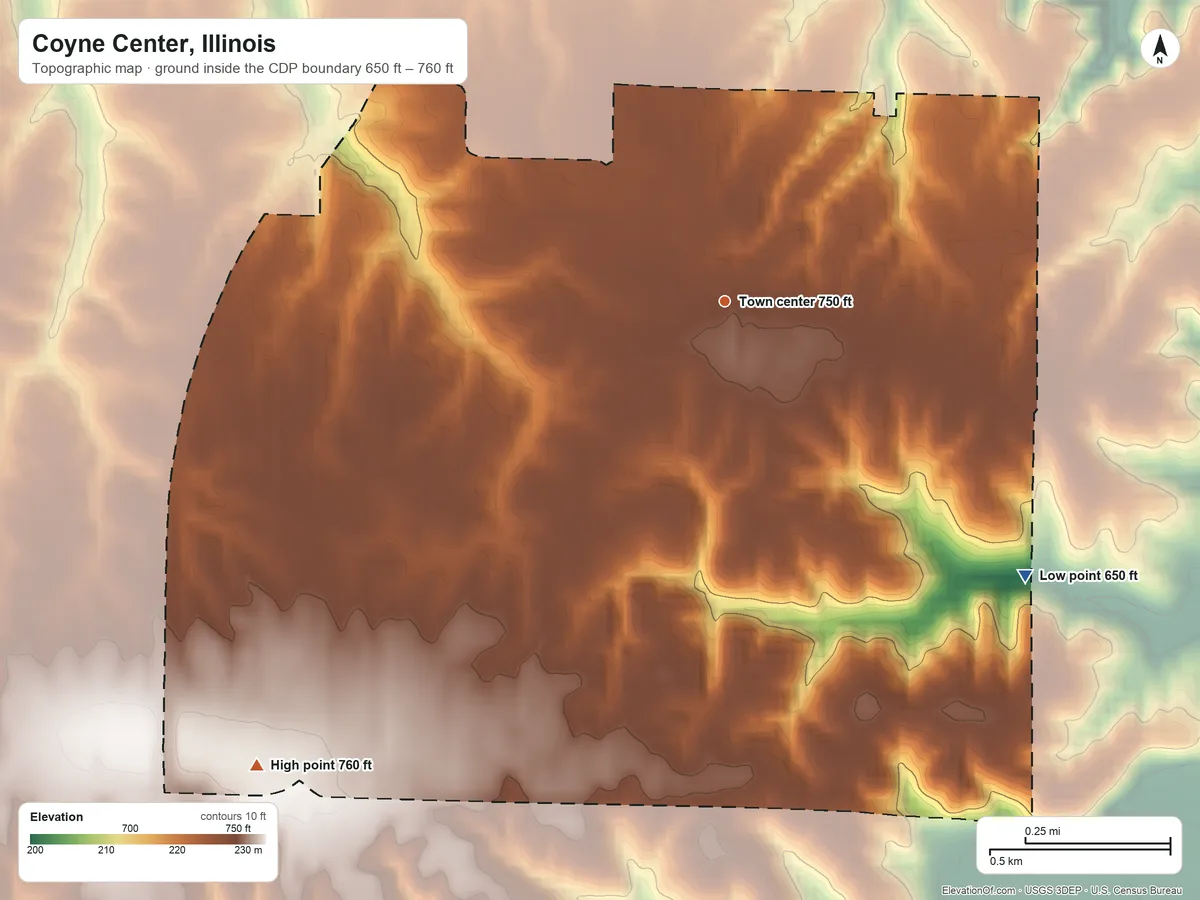 Topographic elevation map of Coyne Center, Illinois, shaded from 650 ft on the southeast side to 760 ft on the southwest side