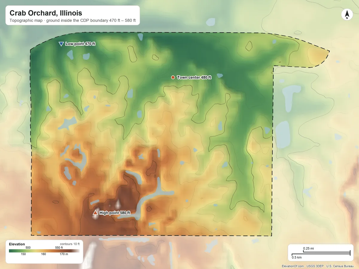 Topographic elevation map of Crab Orchard, Illinois, shaded from 470 ft on the west side to 580 ft on the southwest side