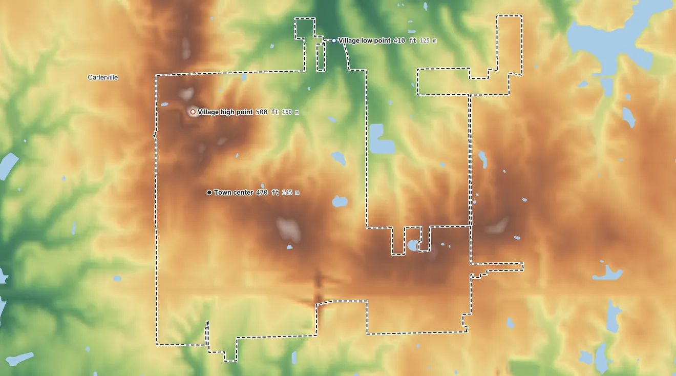 Topographic elevation map of Crainville, Illinois, shaded from 410 ft on the northeast side to 500 ft on the north side