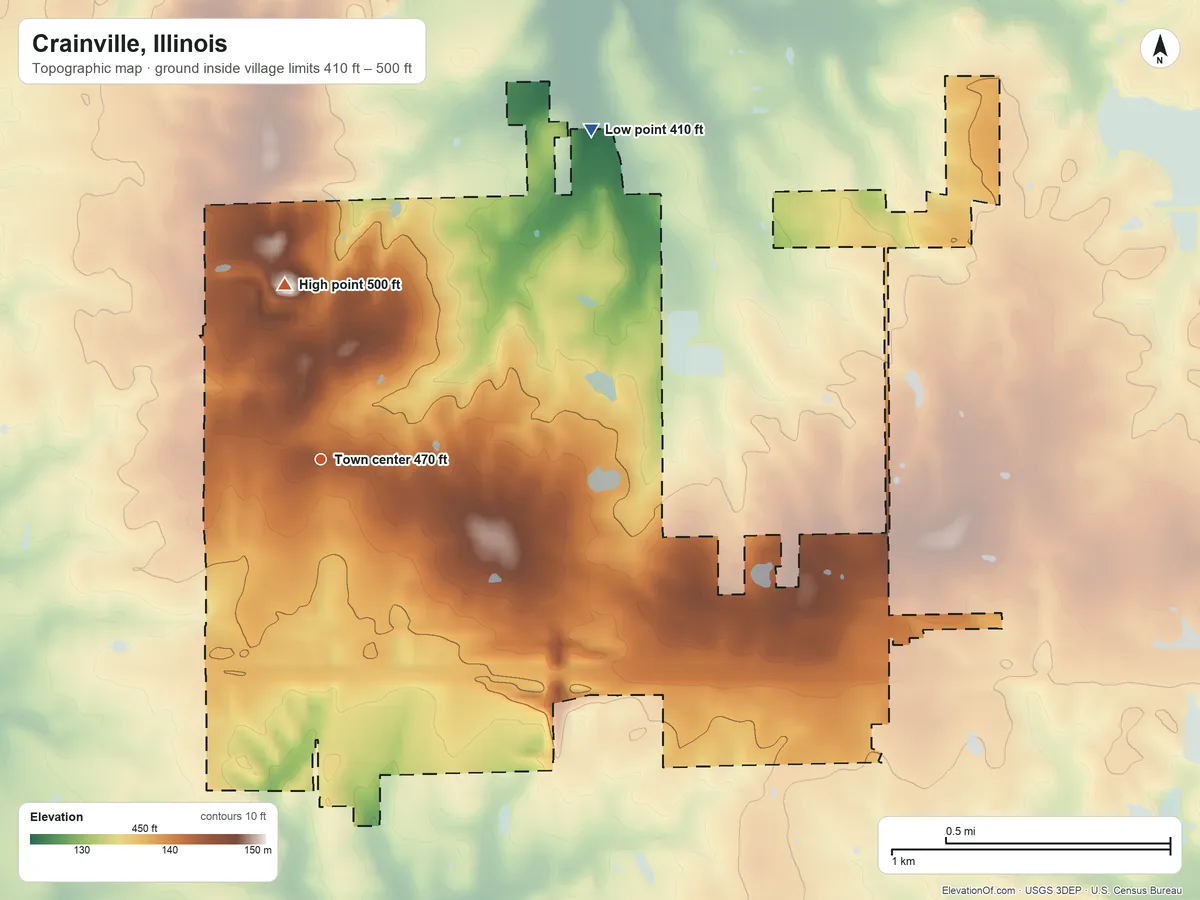 Topographic elevation map of Crainville, Illinois, shaded from 410 ft on the northeast side to 500 ft on the north side